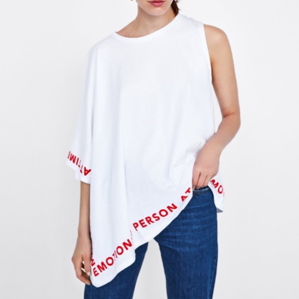 Zara Asymmetric Text One Shoulder Sleeve Top,‎ Sz M